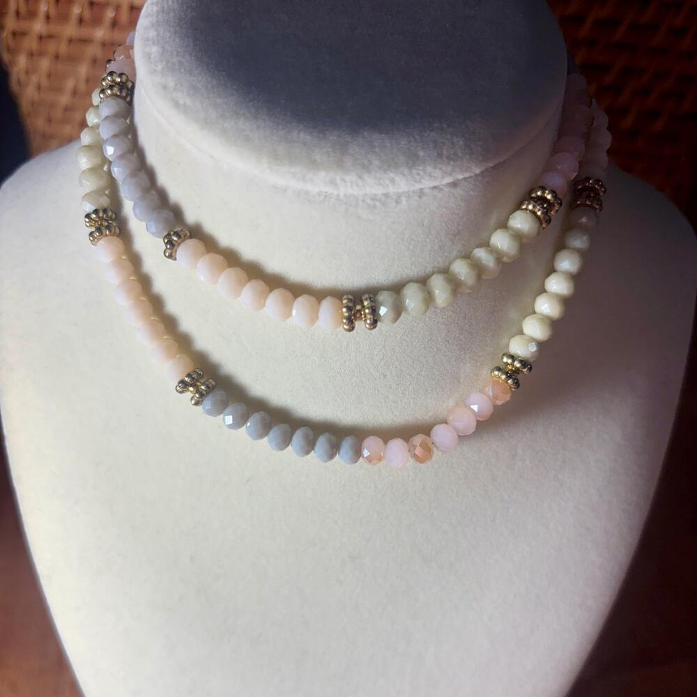 Pastel Beaded Necklace Faceted Glass Beads Gold Tone Spacers Adjustable